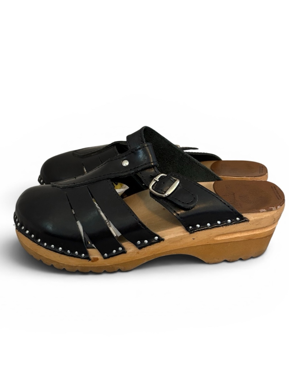 TROENTORP Mary Jane Swedish Clogs Black Leather Mule Nailed Wood EU 38 US 7.5-8